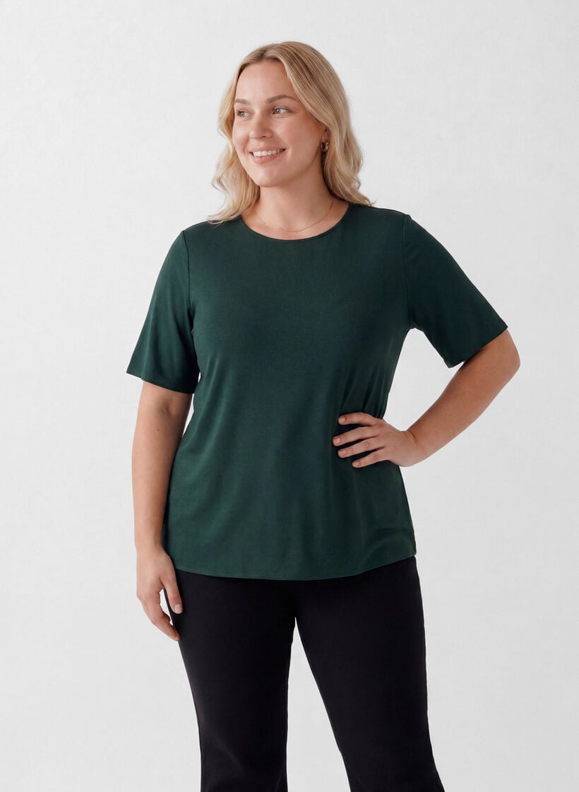 Geweven blouse met korte mouwen en ronde hals, Groen, Model image number 0