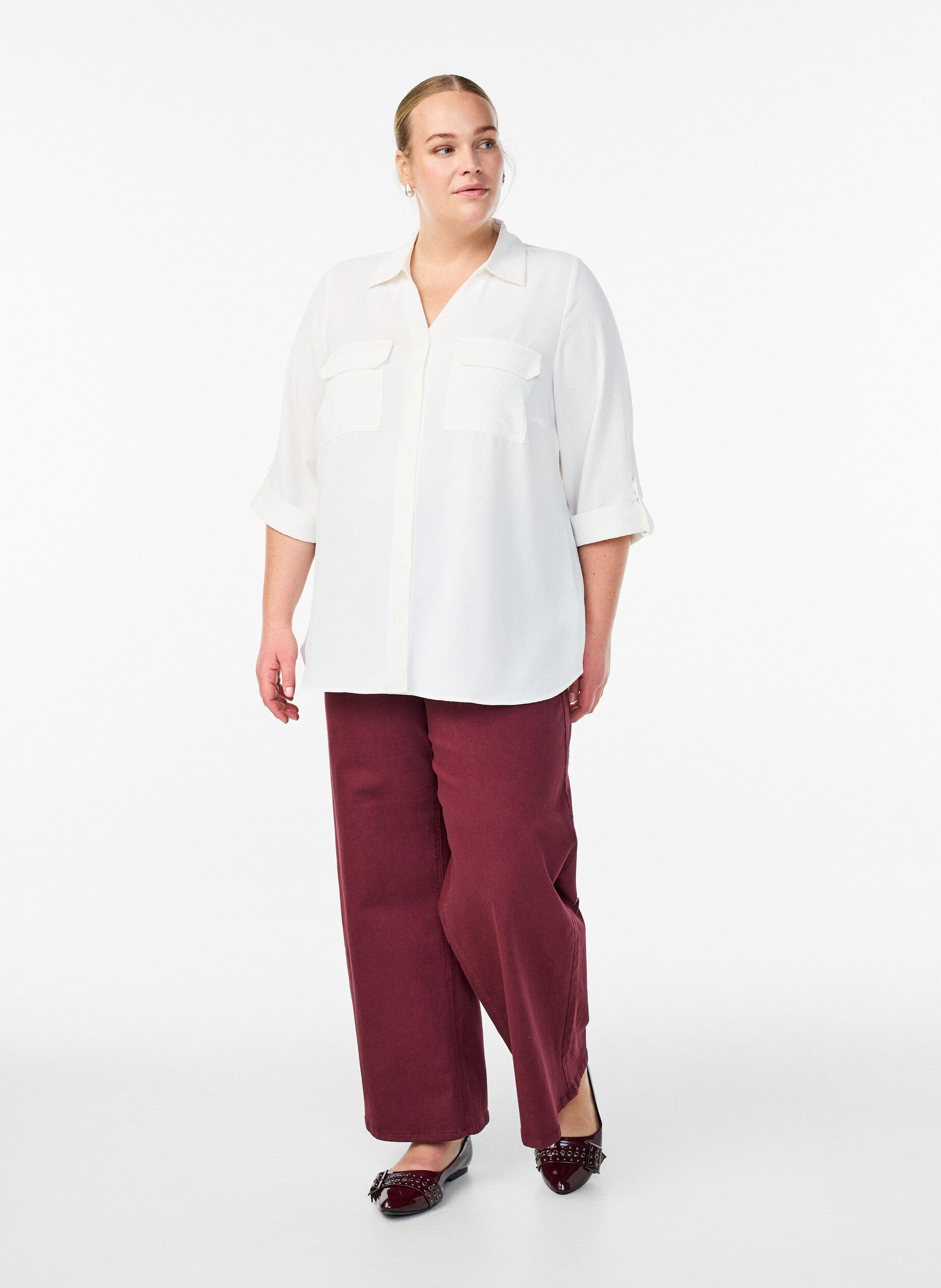 Zizzi FLASH - Shirt met 3/4 mouwen en borstzakken, Vanille, Model image number 1