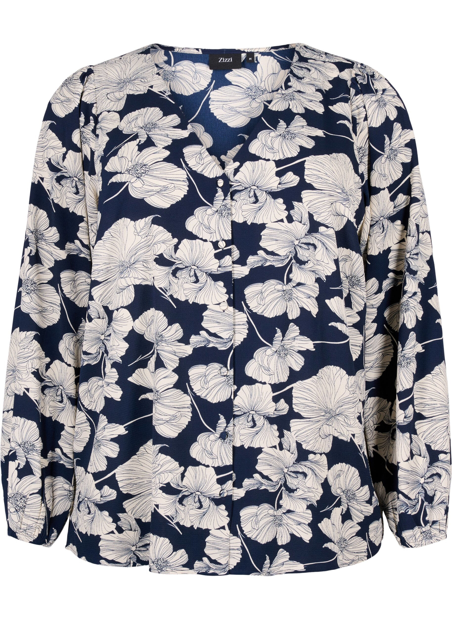 Zizzi Blouse avec col en V et imprim&eacute;, Navy B. Flower AOP, Packshot image number 0