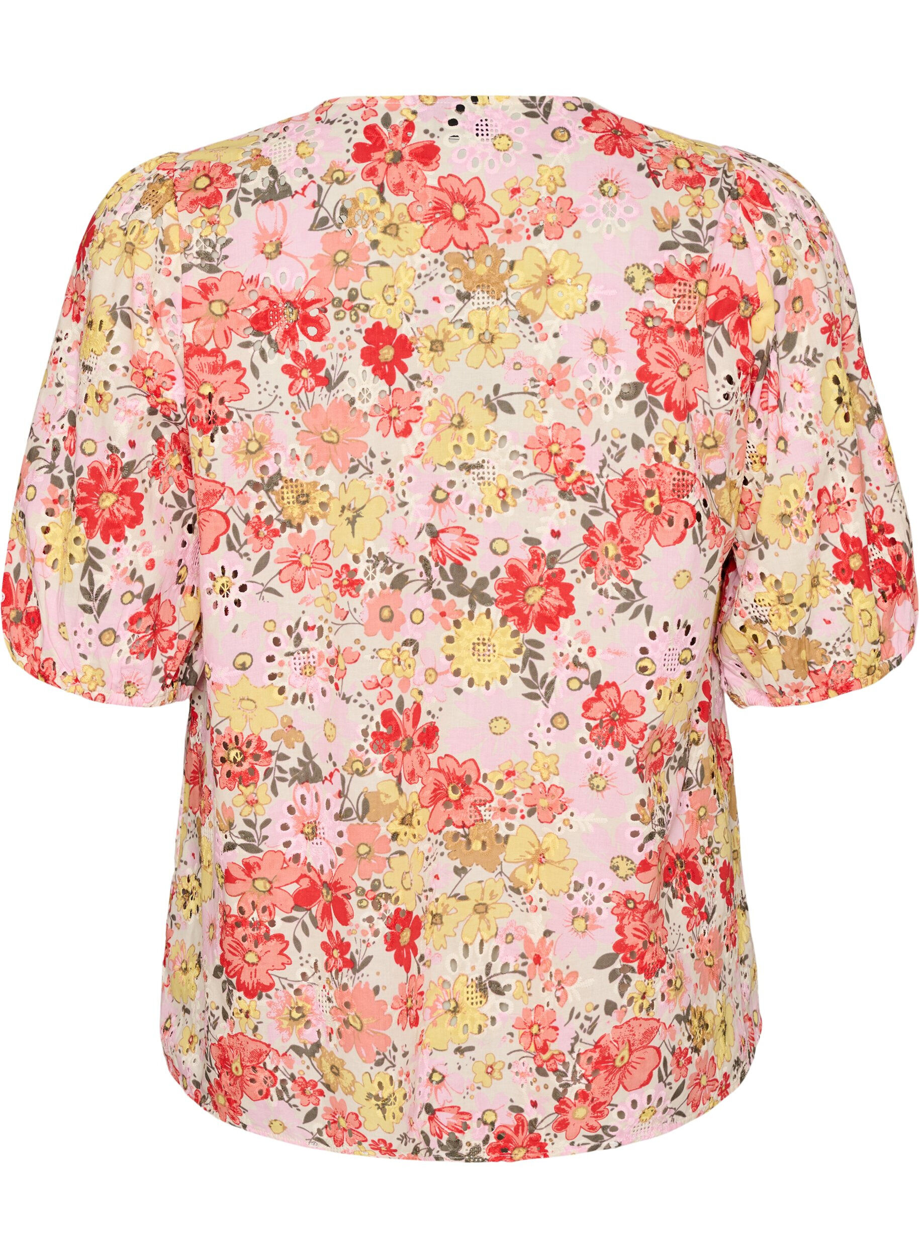 ZizziBloemenblouse met broderiegatwerk en V-hals, Roze, Packshot image number 1