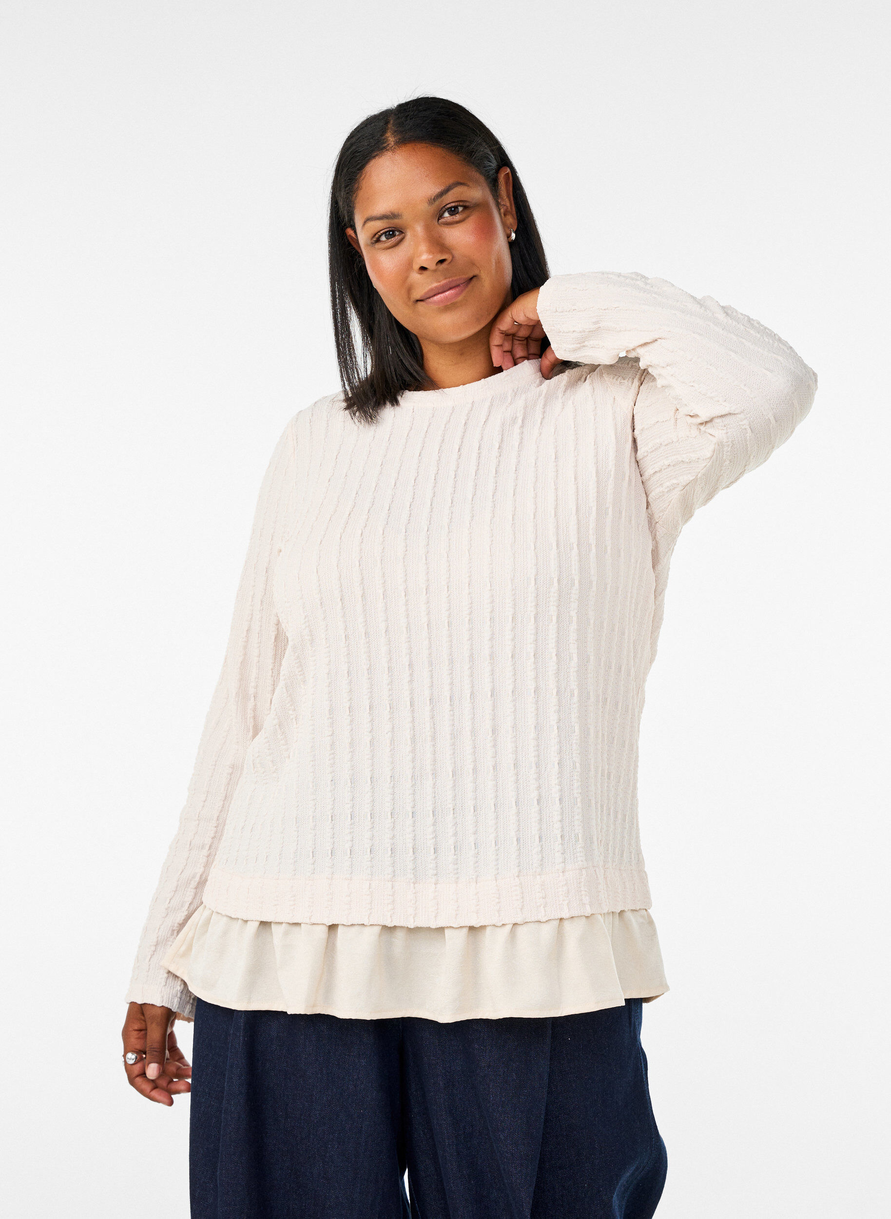 ZizziBlouse met structuur en volantzoom, Vanille, Model image number 0