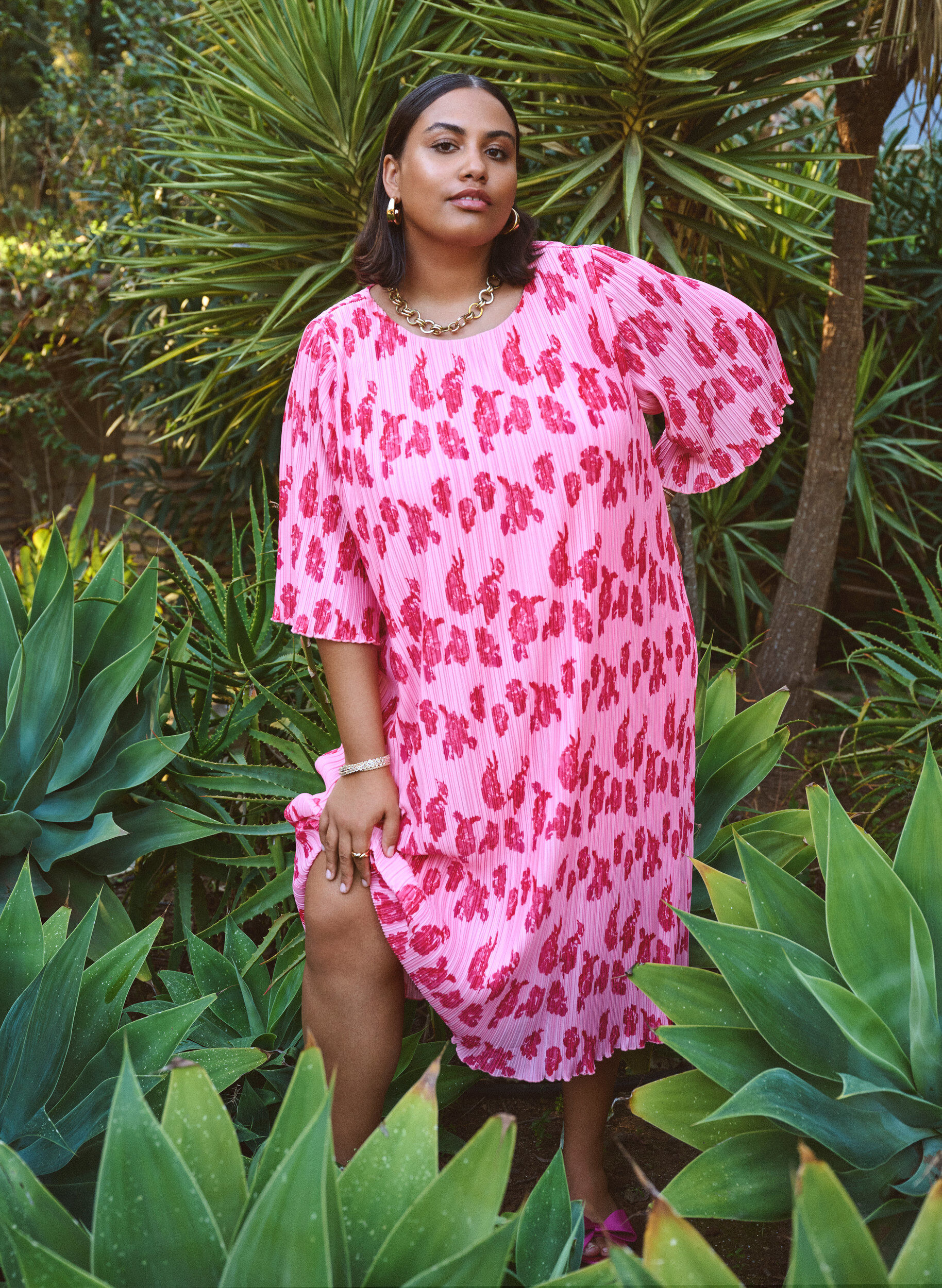 Zizzi Geplooide jurk met 3/4 mouwen, Roze, Image image number 0