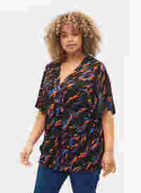 Viscose blouse met korte mouwen en print, Black Tiger AOP, Model