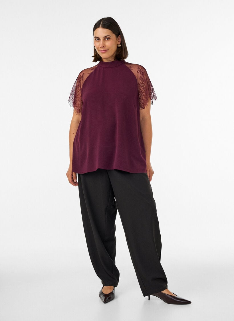 Blouse met korte kanten mouwen en hoge hals, Rood, Model image number 1