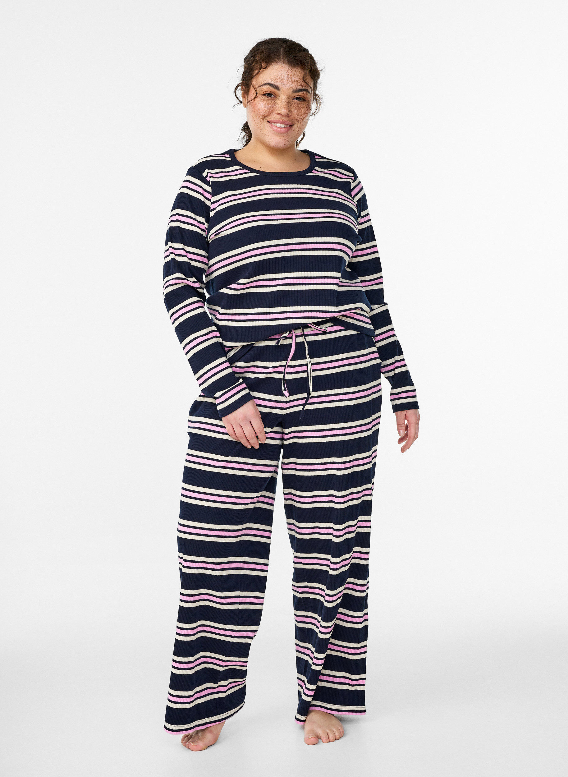 ZizziNachtbovenstuk met lange mouwen in geribde jersey met strepen, Blauw, Model image number 1