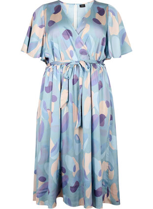 Satijnen jurk met korte mouwen, print en strik, Gray mist AOP, Packshot image number 0