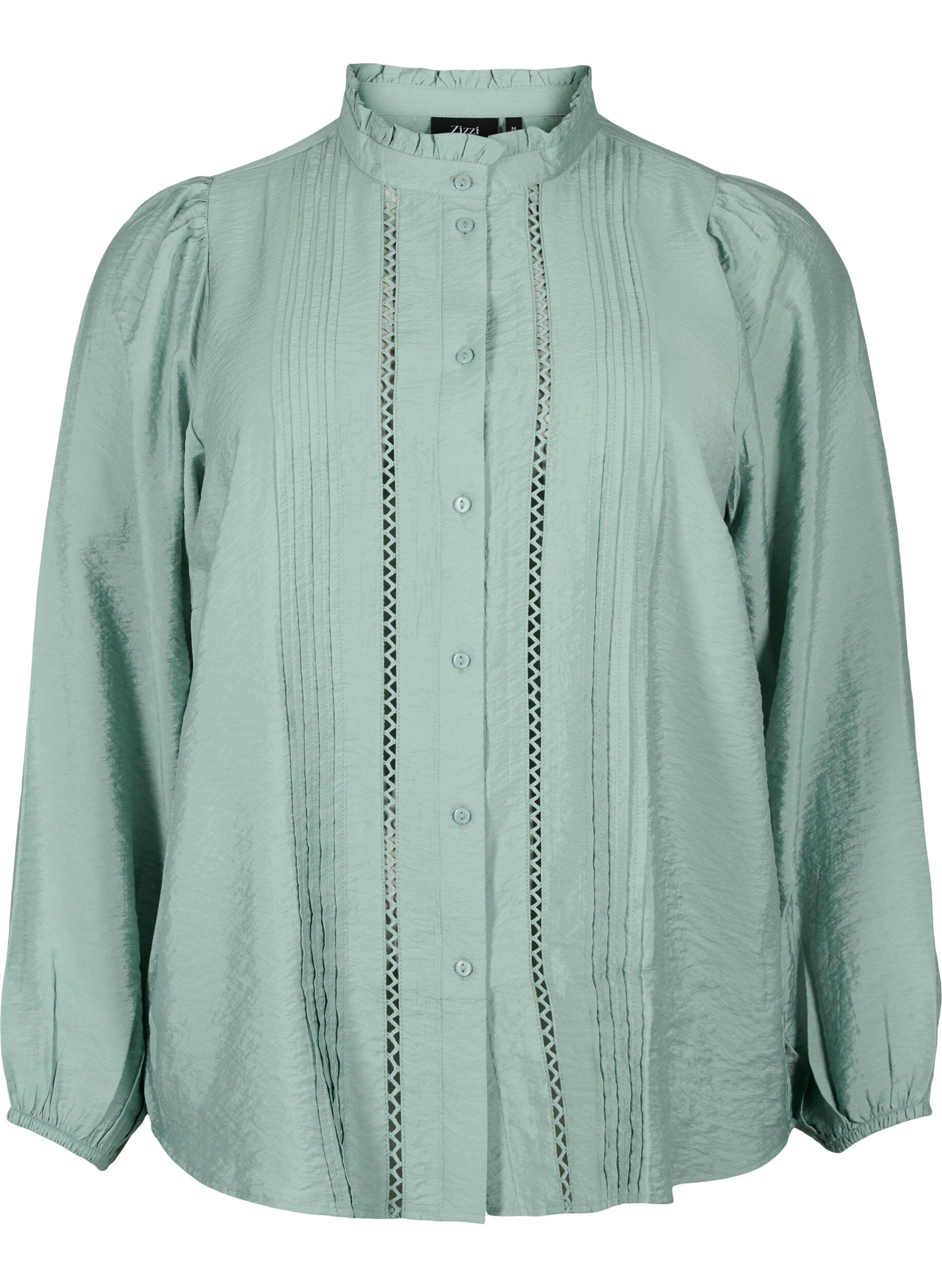 Zizzi Viscose overhemdblouse met rucheskraag, Chinois Green, Packshot image number 0