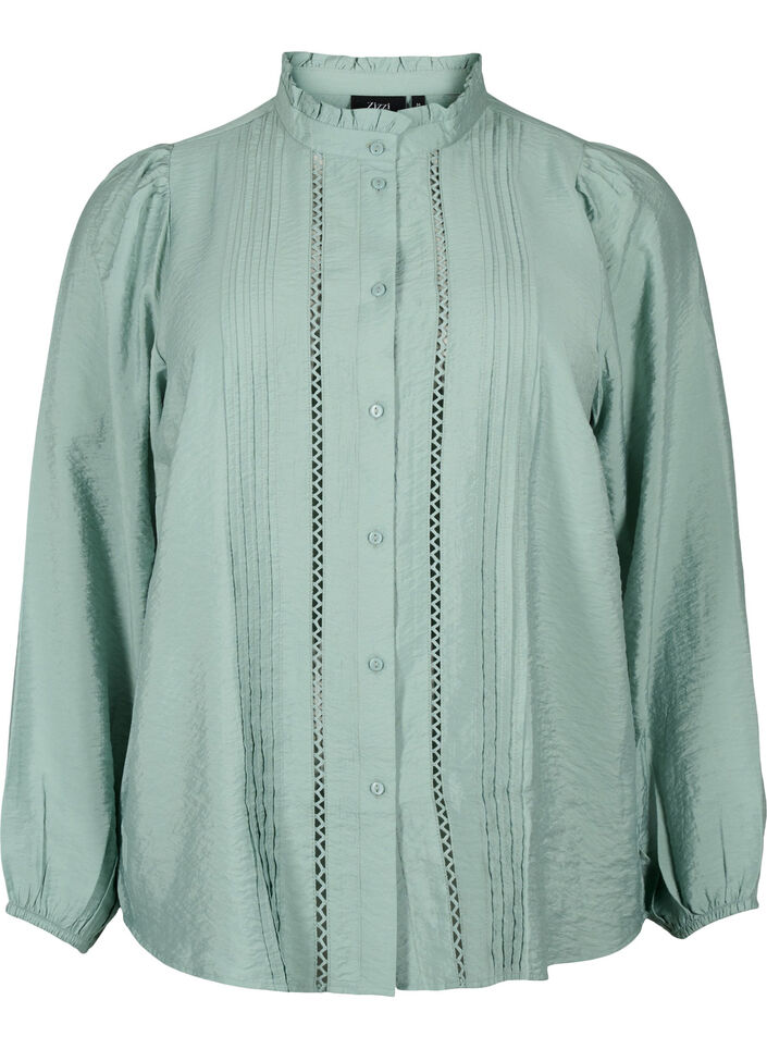 Viscose overhemdblouse met rucheskraag, Chinois Green, Packshot image number 0