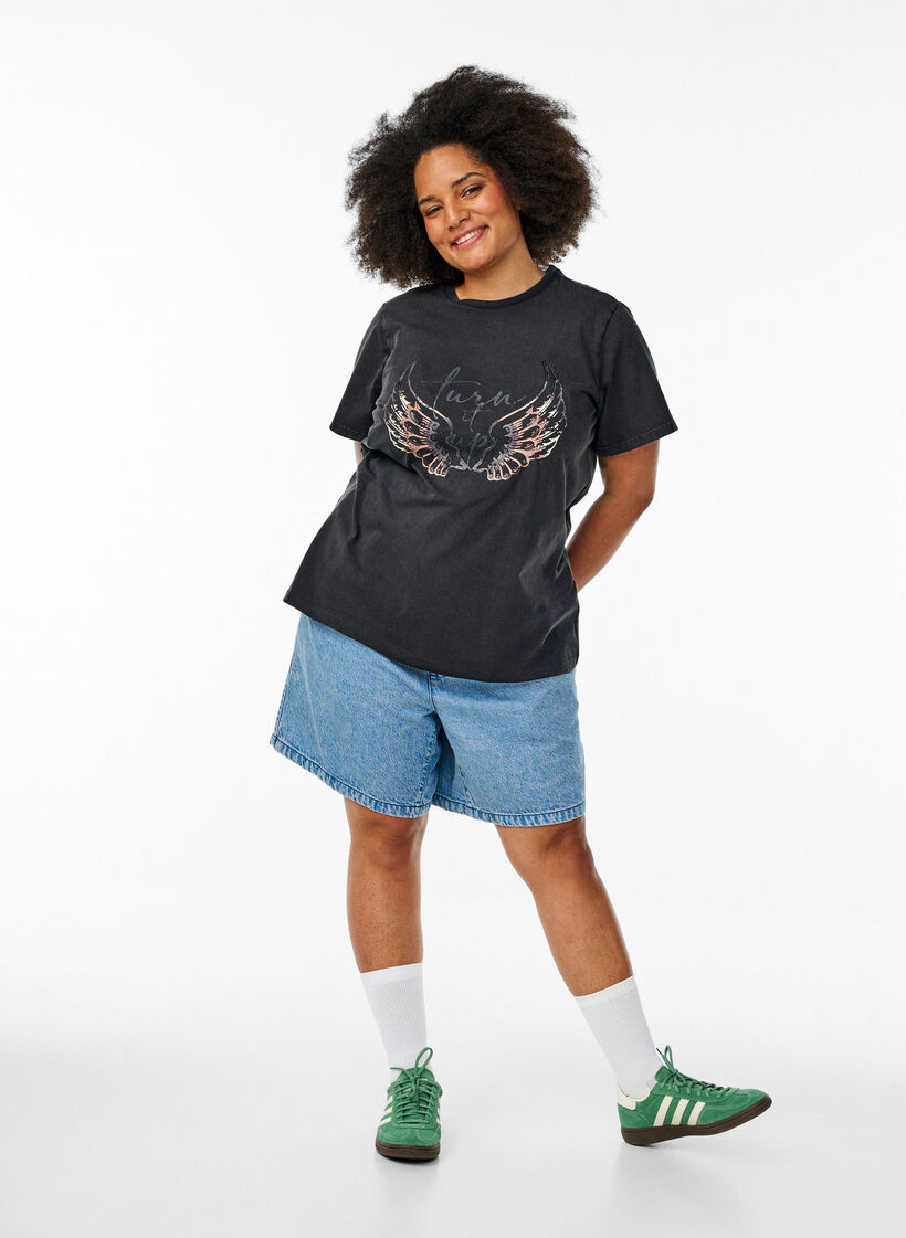 T-shirt van biologisch katoen met statementprint, Grijs, Model image number 1