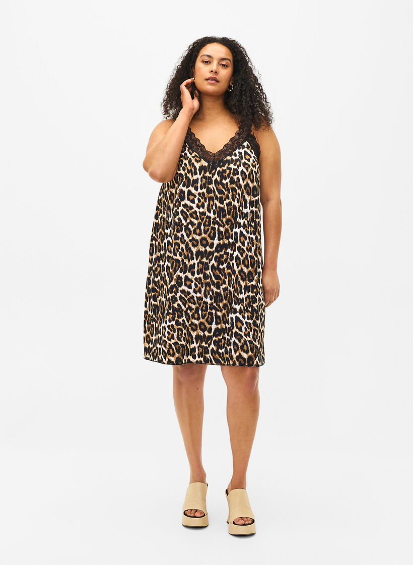 Spaghetti-jurk van viscose met kant, Leopard, Model image number 2