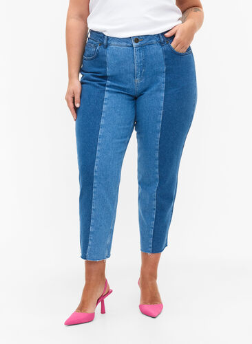 Cropped Vera jeans met colorblock, Blue denim, Model image number 3
