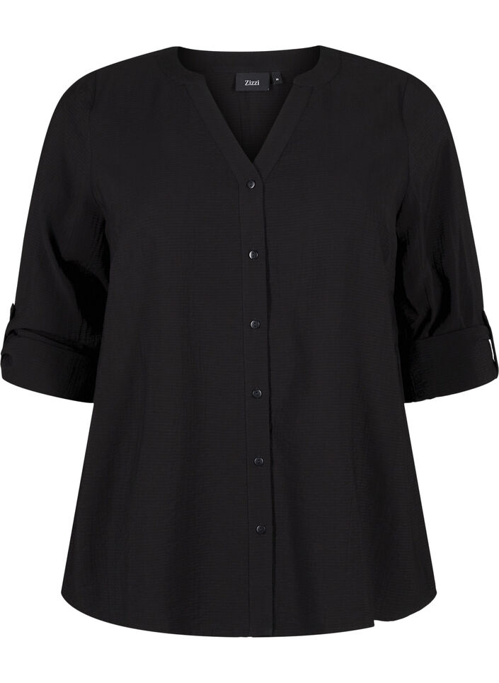 Viscose overhemd blouse met driekwart mouwen, Black, Packshot image number 0