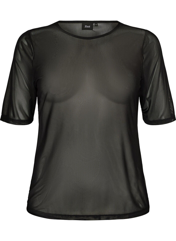 Mesh top met korte mouwen en ronde hals, Zwart, Packshot image number 0