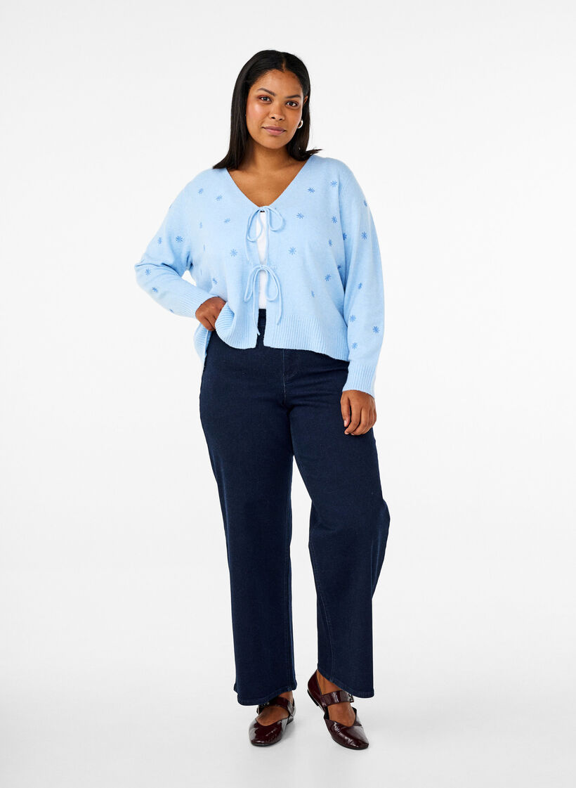 Gebreid cardigan met strikdetails en borduurwerk, Cashmere Blue Comb, Model image number 2