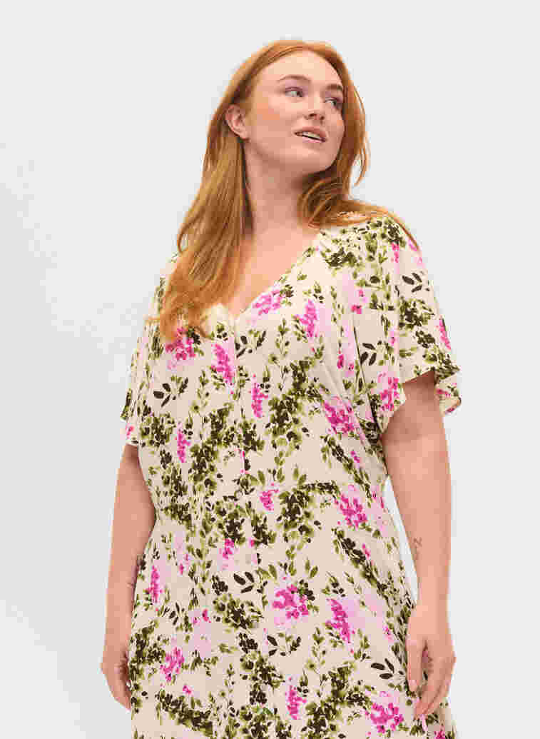 Geknoopte midi-jurk van viscose, Green Pink AOP, Model image number 2