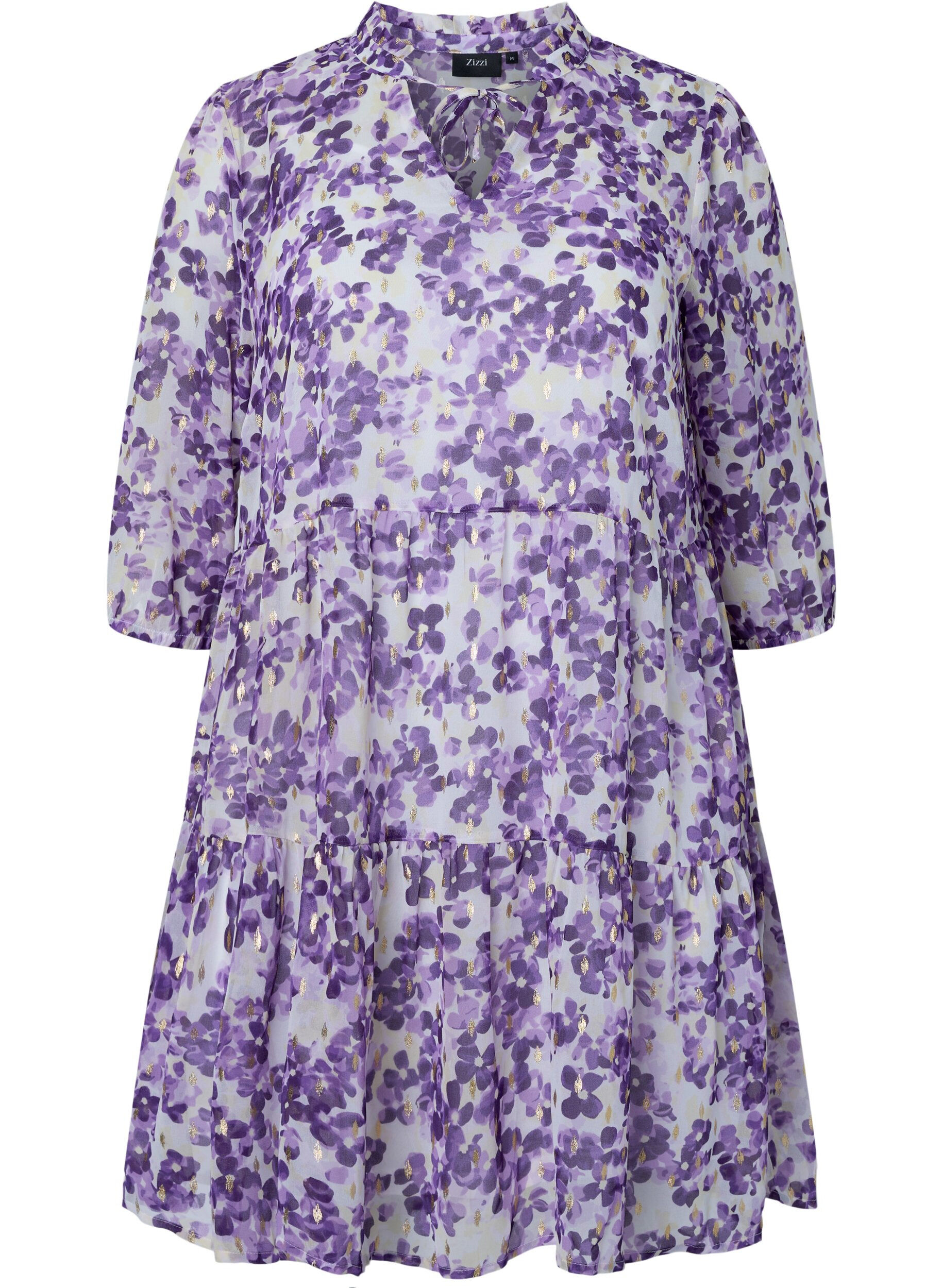 Zizzi Tuniek met bloemenprint en lurex, Beige/Purple Flower, Packshot image number 0
