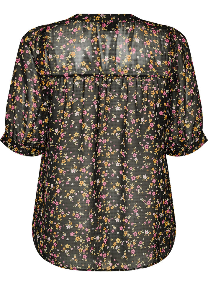 Blouse met bloemenprint en V-hals, Zwart, Packshot image number 1