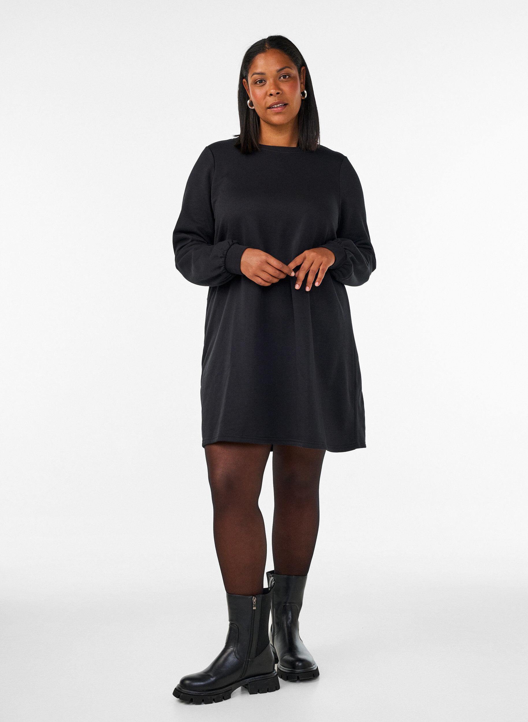ZizziKorte sweaterjurk met ballonmouwen, Zwart, Model image number 1