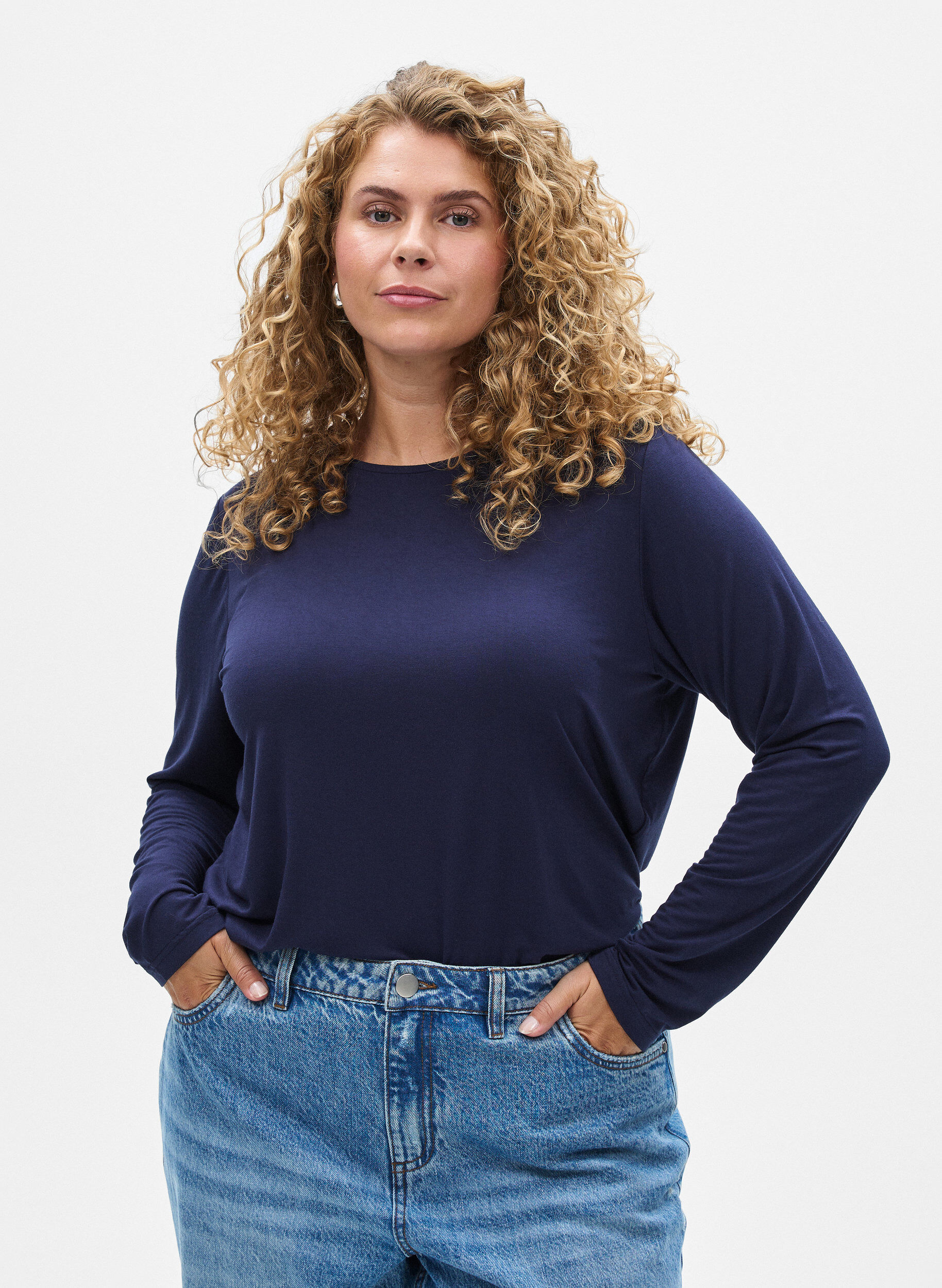 Zizzi Blouse met lange mouwen in een effen kleur, Blauw, Model image number 0