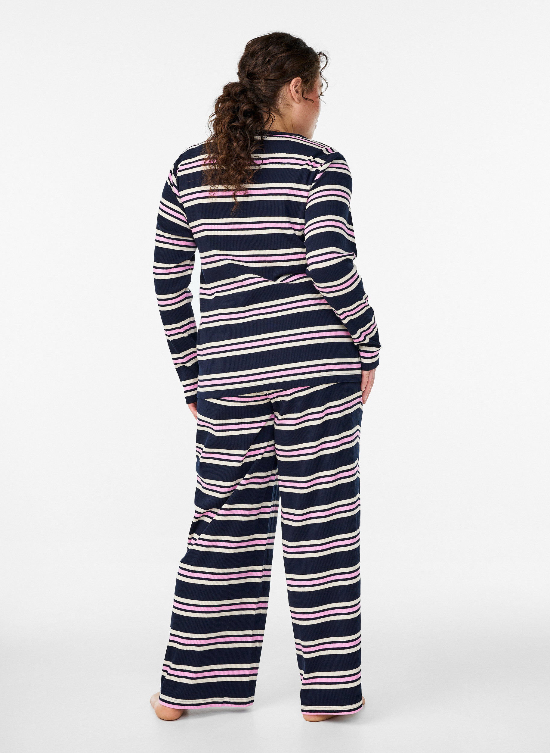 Zizzi Gestreepte pyjamabroek met wijde pijpen, Blauw, Model image number 2