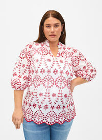 3/4 mouwen blouse met contrasterend broderie anglaise, White w. Red, Model