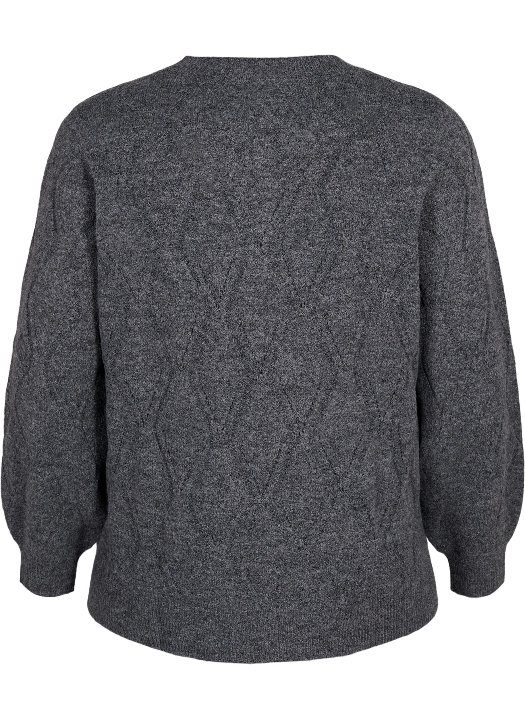 Zizzi Gebreide pullover met gaatjespatroon, Dark Grey Melange, Packshot image number 1