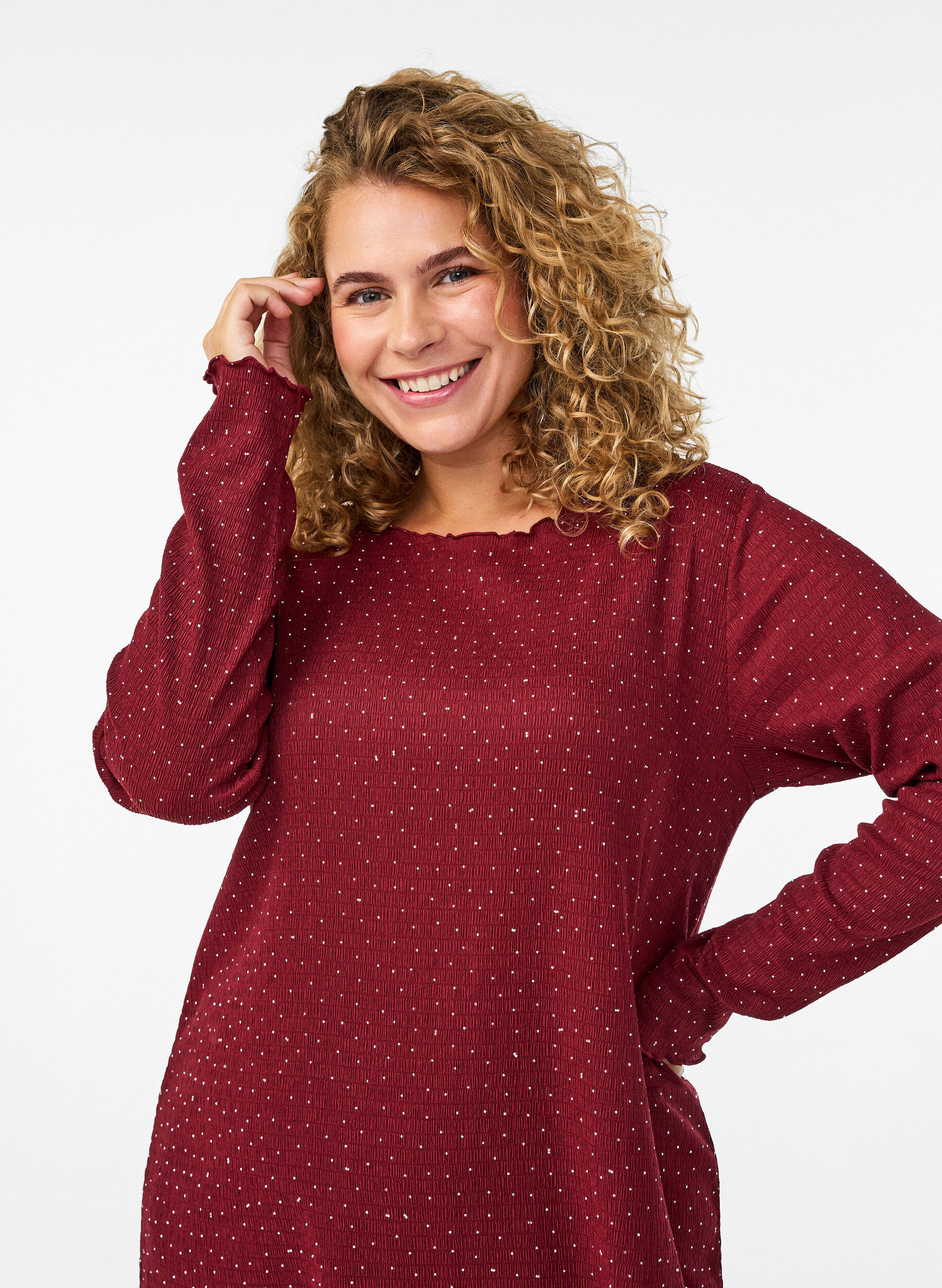 Zizzi Jurk met strassteentjes en geschulpte randen, Donker Bordeaux, Model image number 3