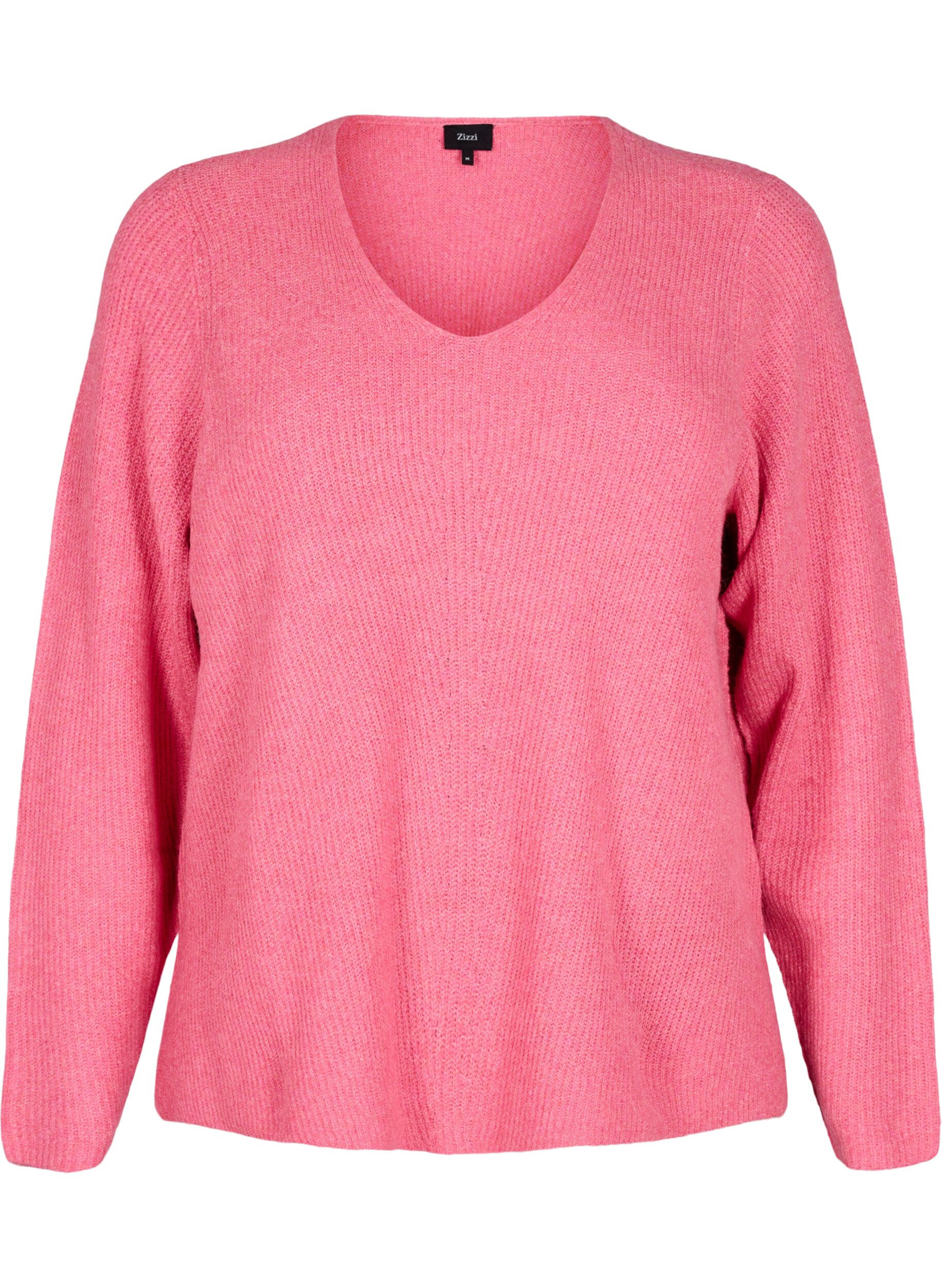 Zizzi Gebreide blouse met V-hals en lange mouwen, Bubblegum Wh. Mel., Packshot image number 0