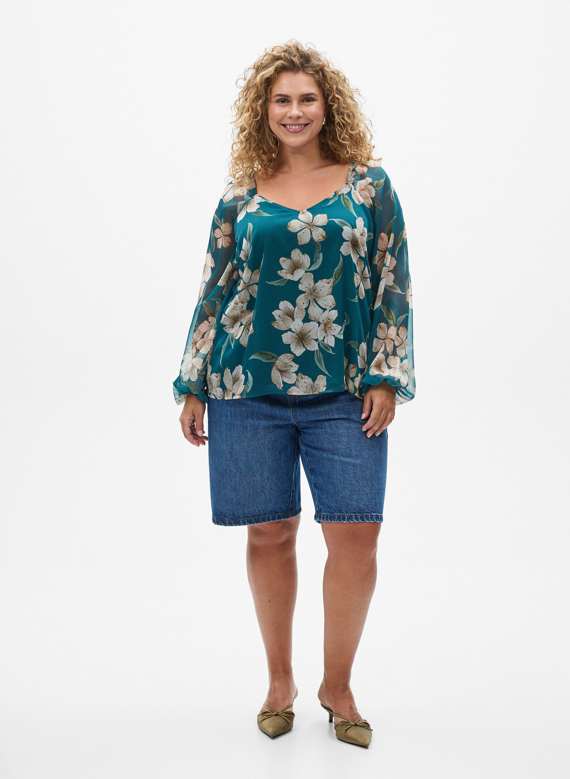ZizziChiffon blouse met bloemenprint en lange mouwen, Groen, Model image number 1