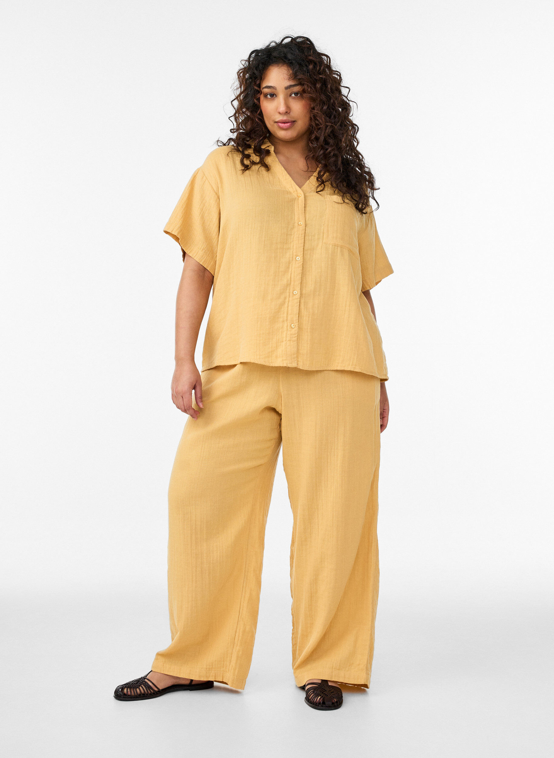 ZizziKatoenen mousseline blouse met korte mouwen, Geel, Model image number 1
