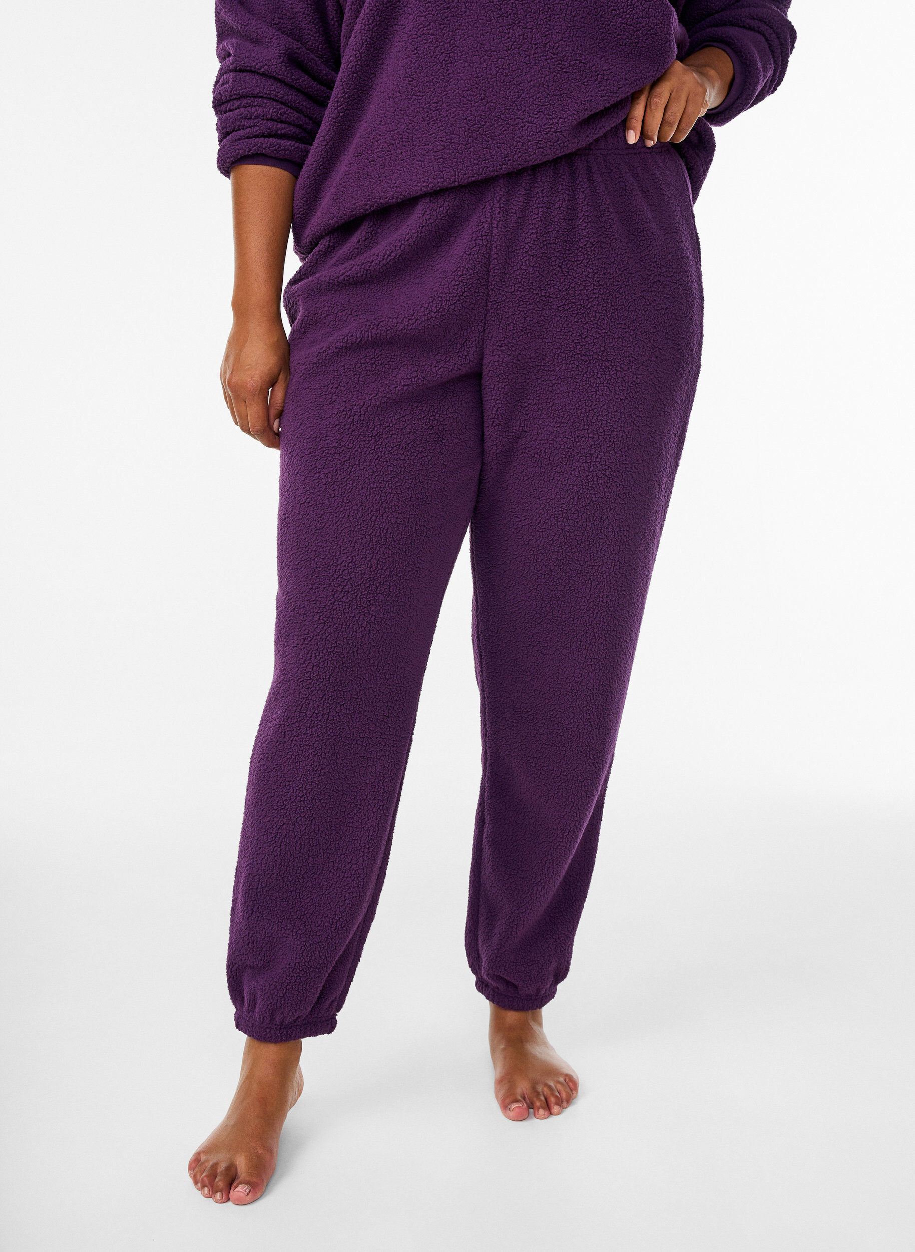 Zizzi High-waist broek van teddystof, Paars, Model image number 2