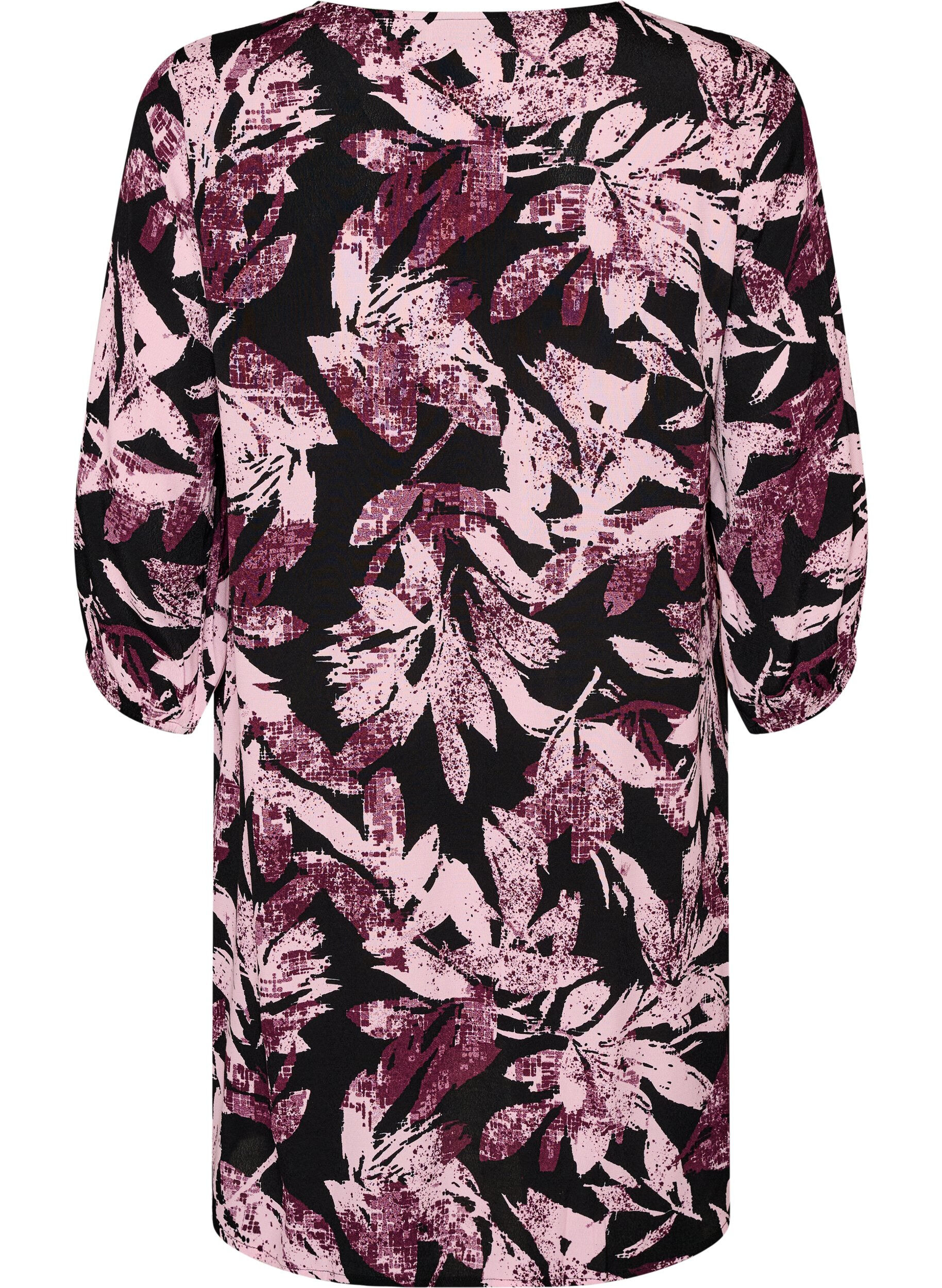 ZizziKorte viscose jurk met bloemenprint en 3/4 mouwen, Zwart, Packshot image number 1