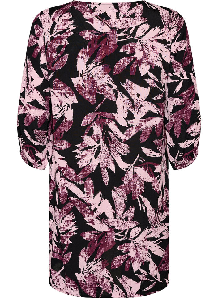 Korte viscose jurk met bloemenprint en 3/4 mouwen, Zwart, Packshot image number 1