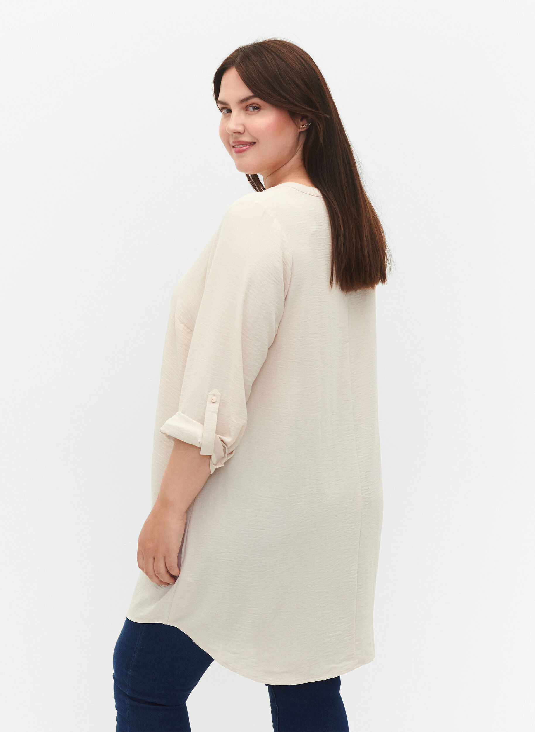 Zizzi Solide effe kleur tuniek met V-hals en knoppen, Warm Off-white, Model image number 1