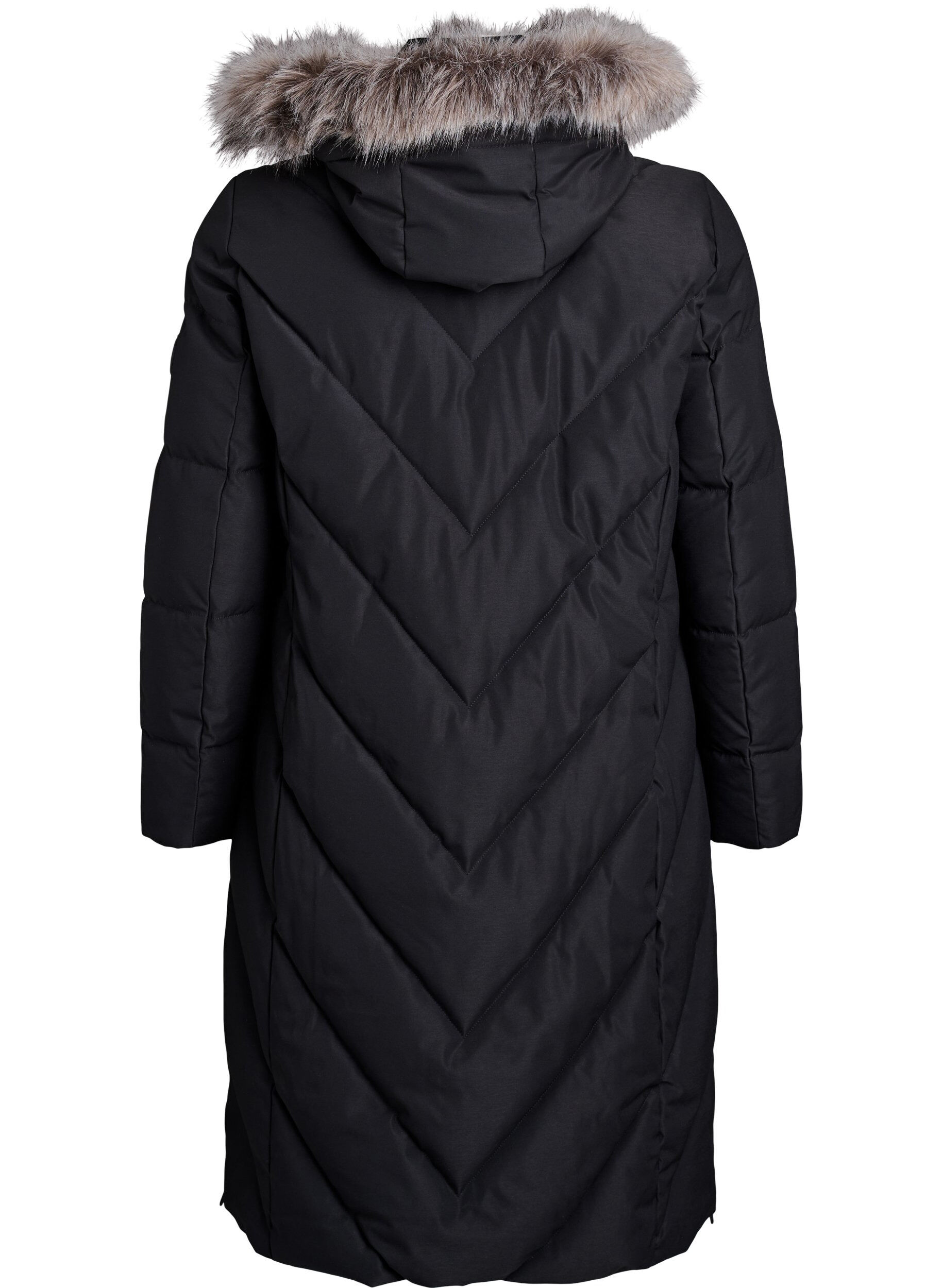 ZizziLange winterjas met haaksluitingen en een nep bontkraag, Zwart, Packshot image number 1