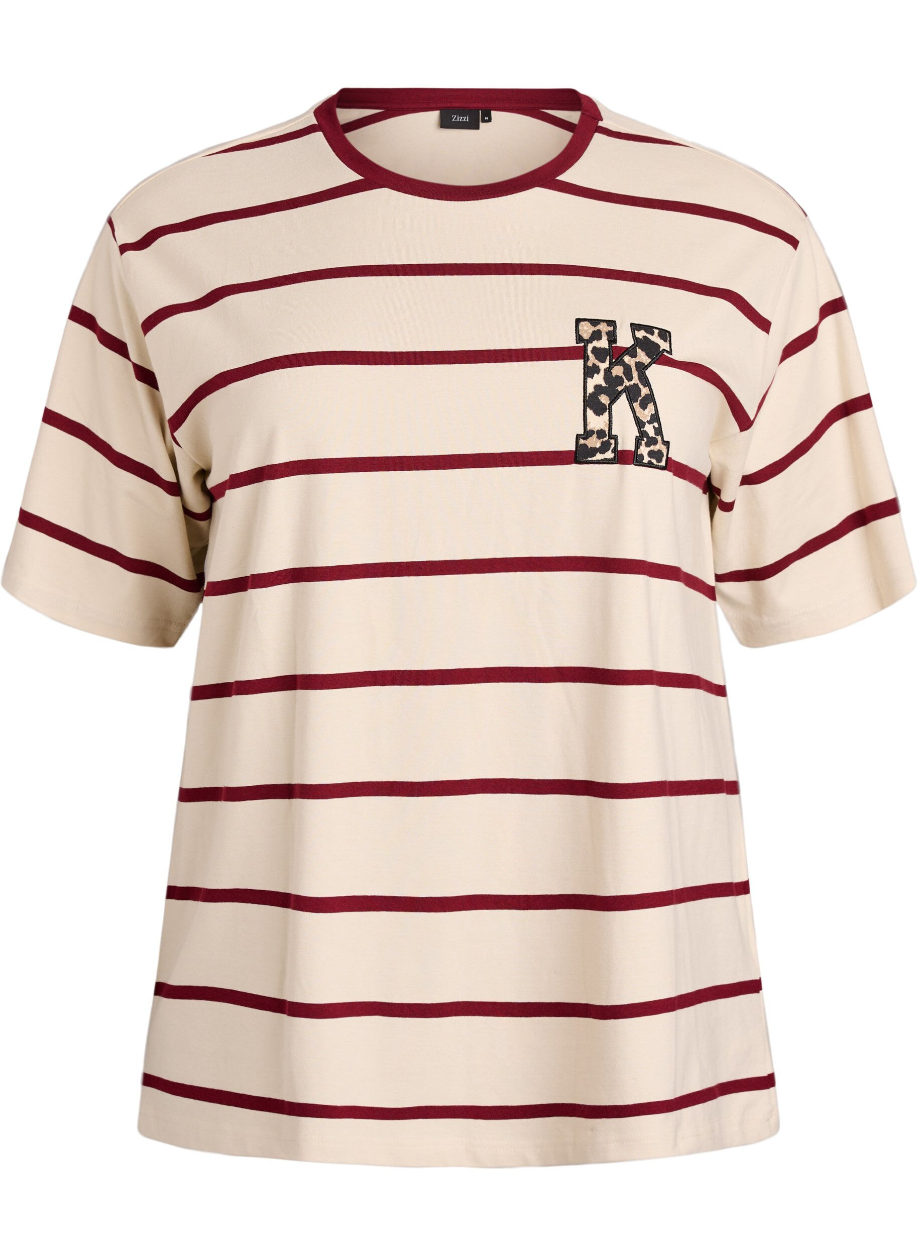 Zizzi T-shirt met strepen en luipaarddetail, Beige, Packshot image number 0