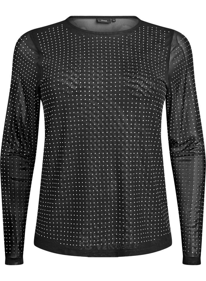 Blouse met mesh en lange mouwen met rhinestones, Zwart, Packshot image number 0