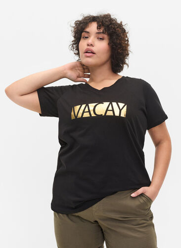 Katoenen t-shirt met v-hals, Black VACAY , Model image number 0