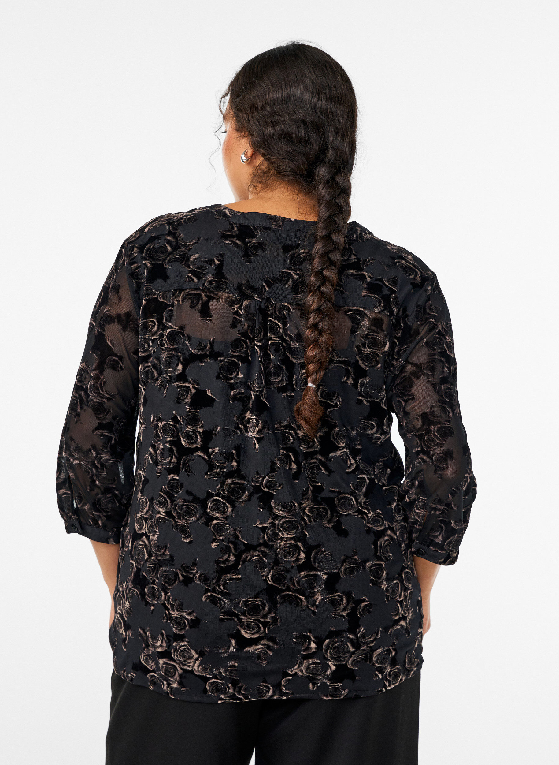 Zizzi Mesh blouse met 3/4 mouwen en velourrozen, Zwart, Model image number 2