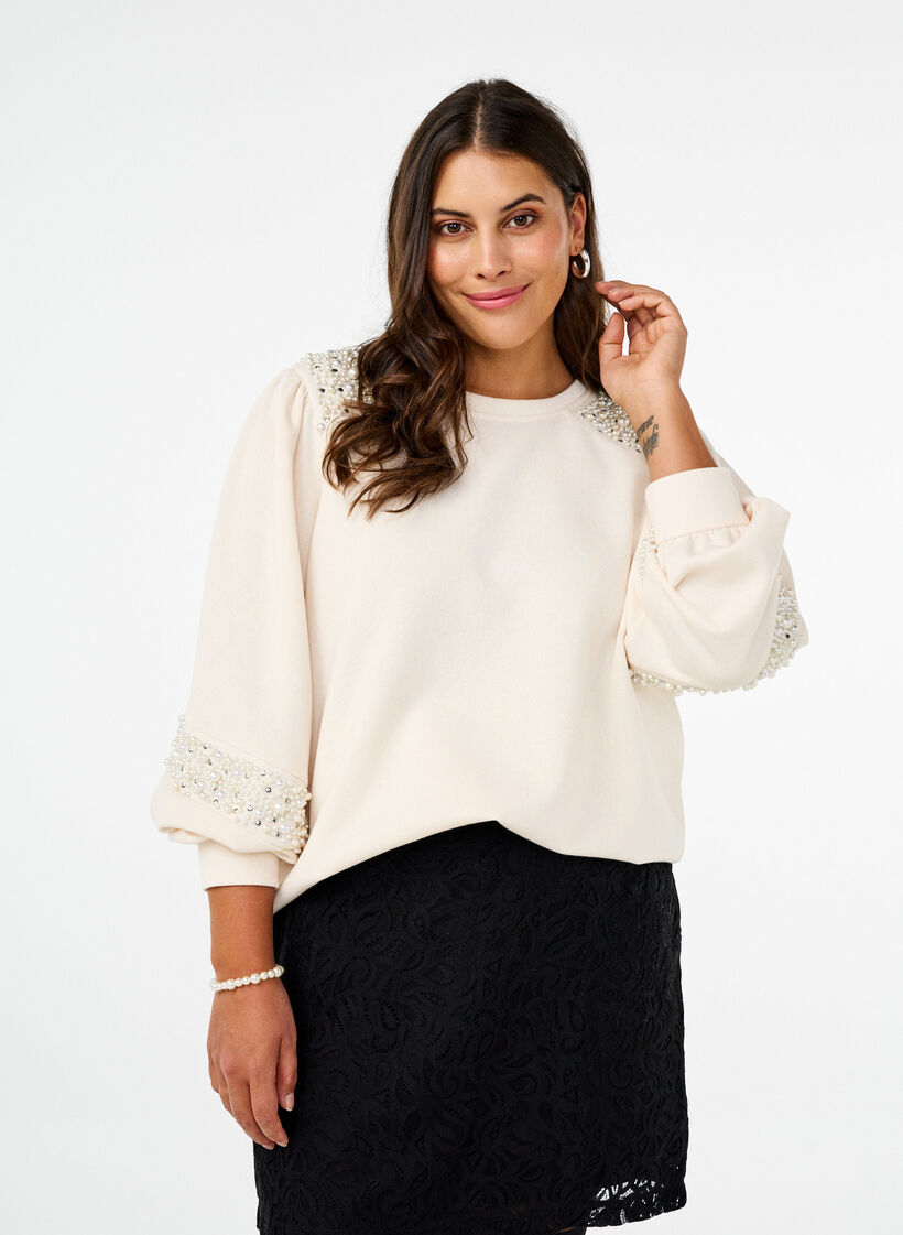 Sweatshirt met pareldetails, Buttercream, Model image number 0