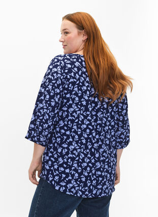 Gebloemde blouse met 3/4 mouwen, M. Blue Flower AOP, Model image number 1