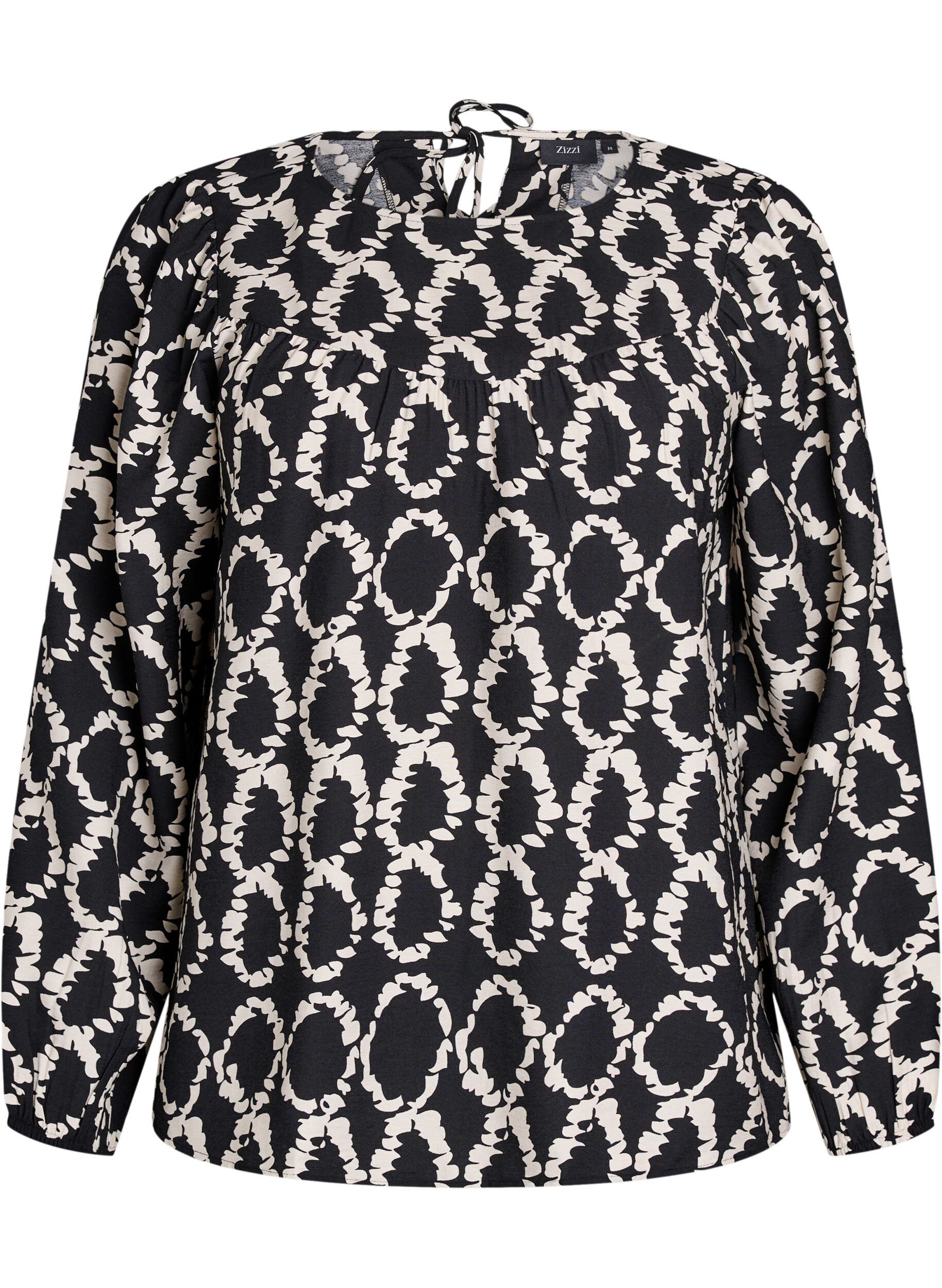 Zizzi Blouse met lange mouwen, print en strikjes, Zwart, Packshot image number 0