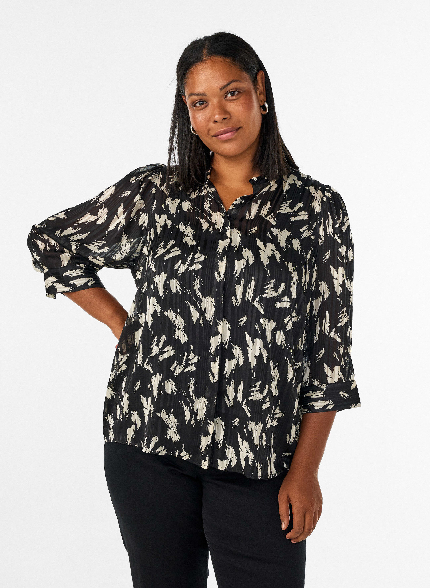 ZizziBlouse met patroon, opstaande kraag en 3/4-mouwen, Zwart, Model image number 0