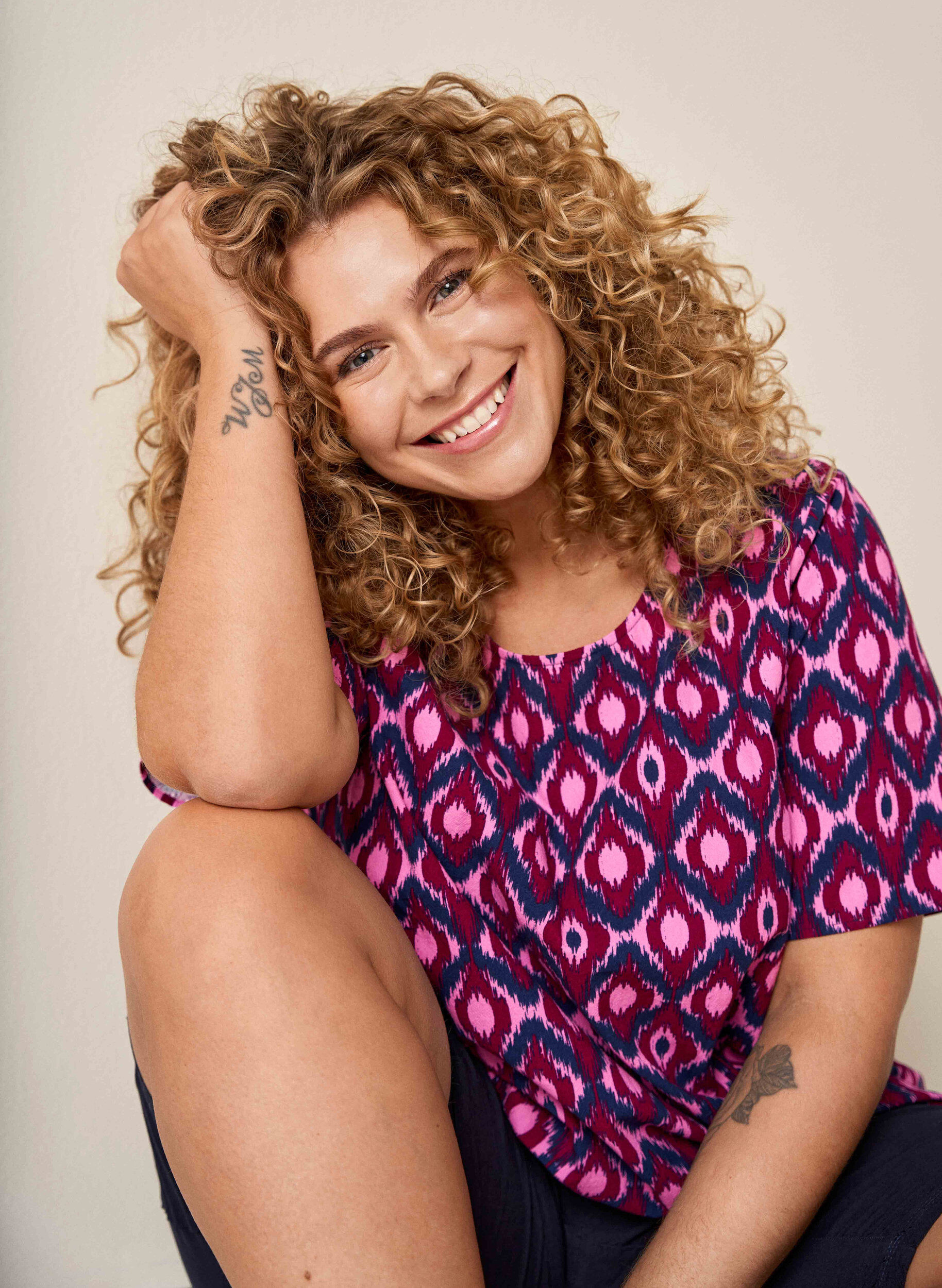 Zizzi Katoenen blouse met print en korte mouwen, Roze, Image image number 0