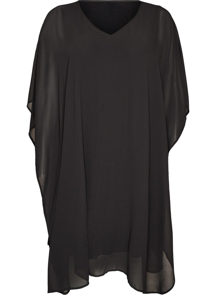 Korte chiffon jurk met V-hals, Zwart, Packshot image number 0