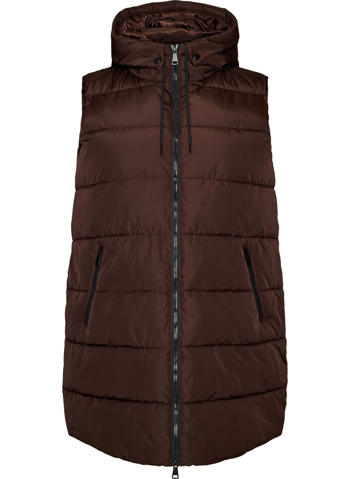 Lange vest met capuchon en zakken, Bruin, Packshot image number 0
