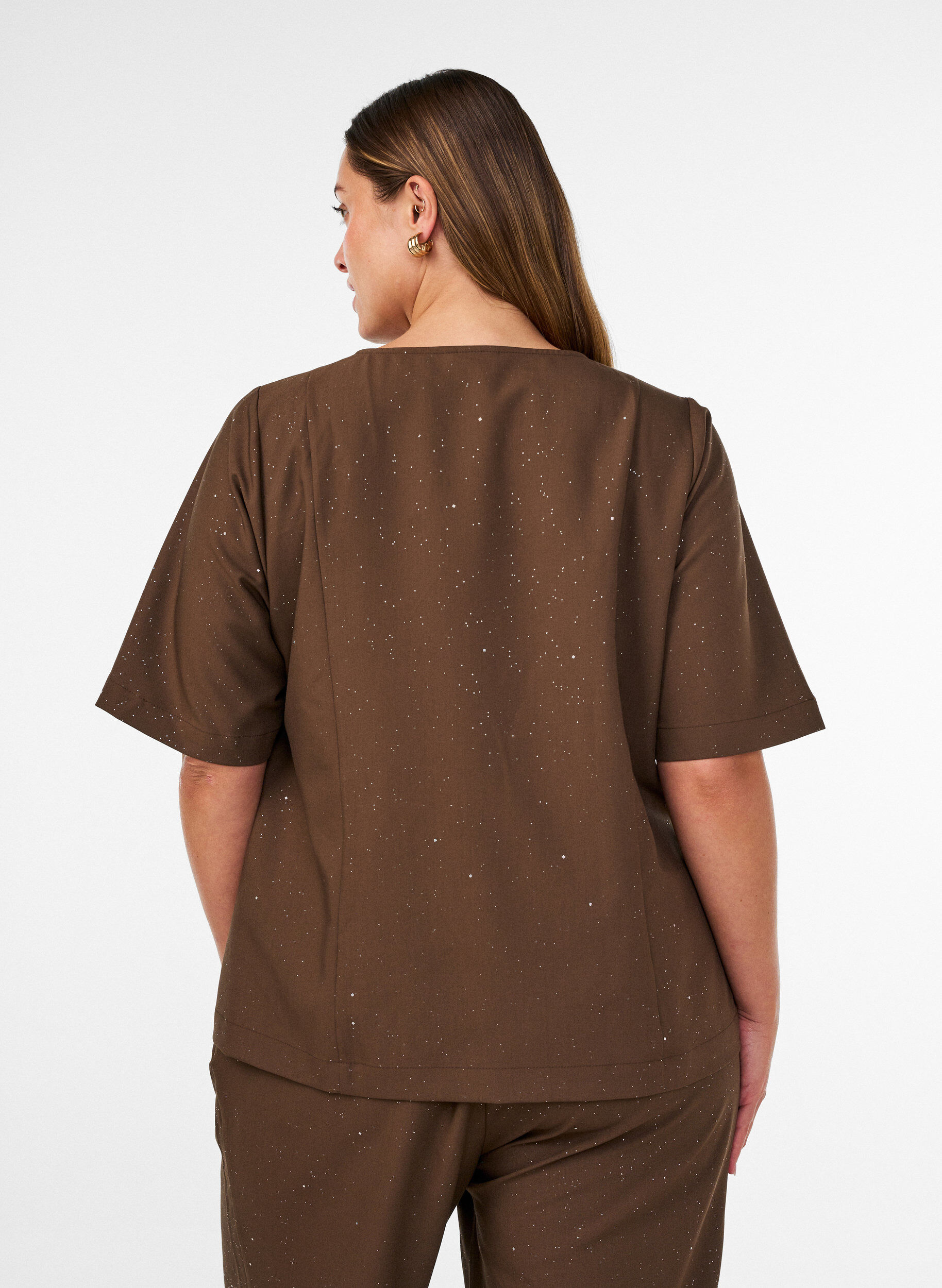 ZizziBlouse met glitter en V-hals, Bruin, Model image number 2
