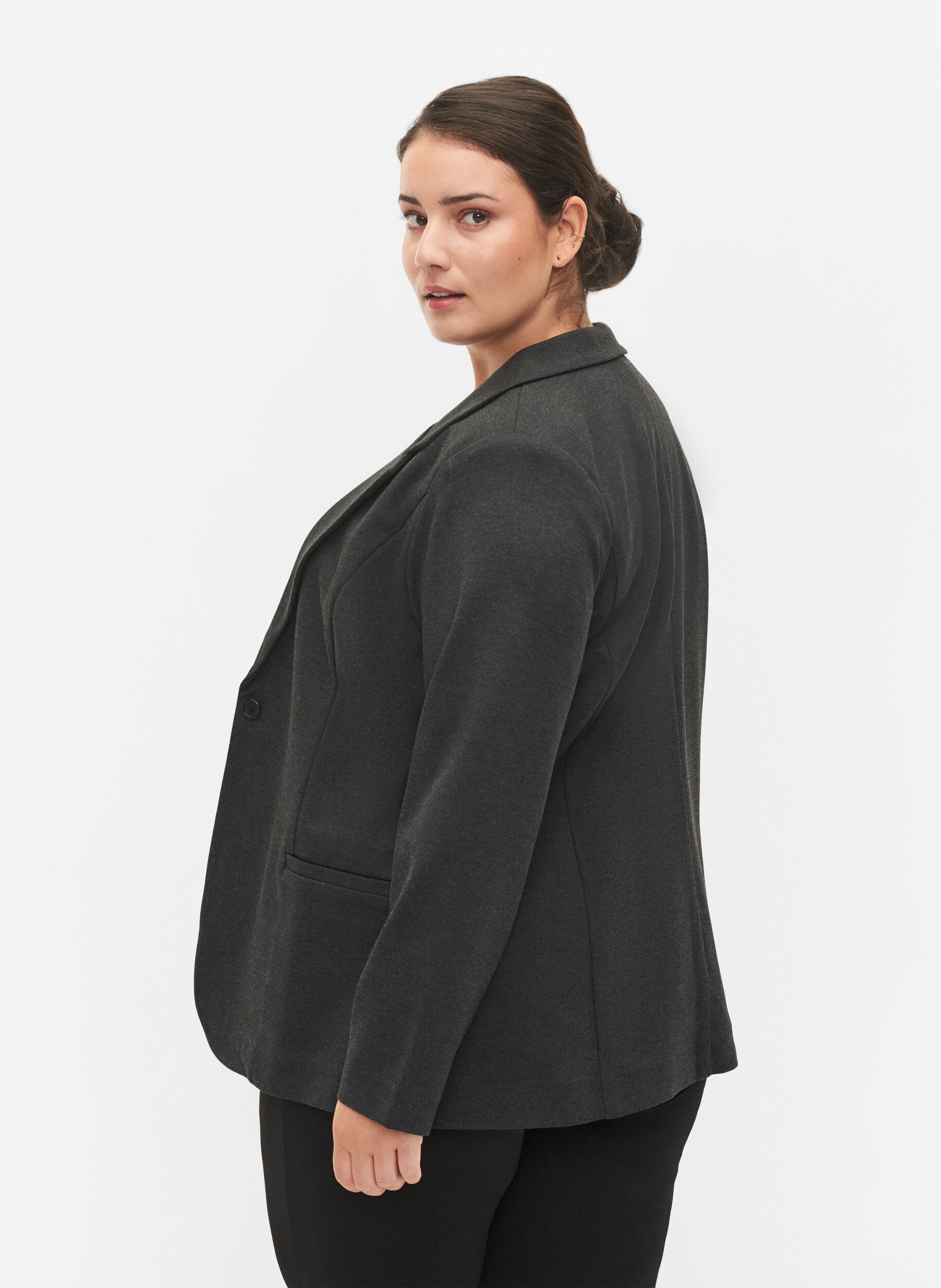 Zizzi Basic blazer met knoop en sierzakken, Grijs, Model image number 2