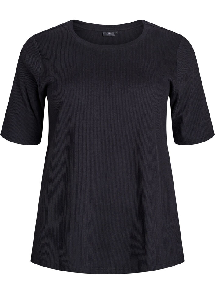 Geribde jersey blouse met korte mouwen, Zwart, Packshot image number 0