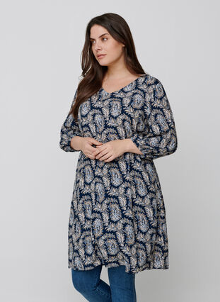 Viscose jurk met paisley print en a-lijn, Blue Paisley AOP, Model image number 0